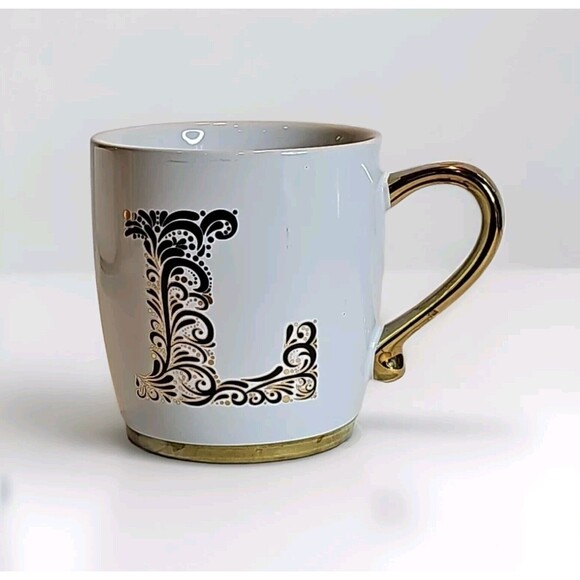 Design Pac Gifts Large Soup Cup Coffee Mug White Gold Monogram L Personalized - Picture 1 of 6